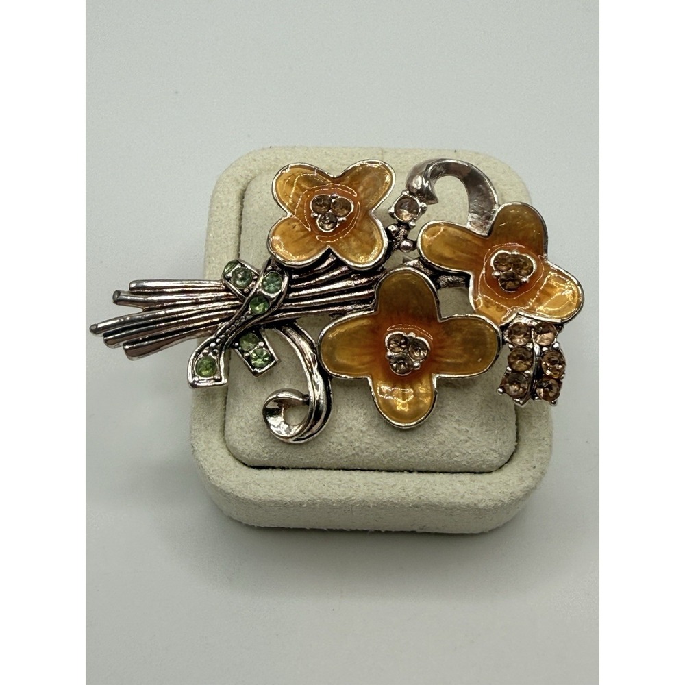 Vintage Pot Metal Brooch Flowers Orange‎ Enamel Rhinestone